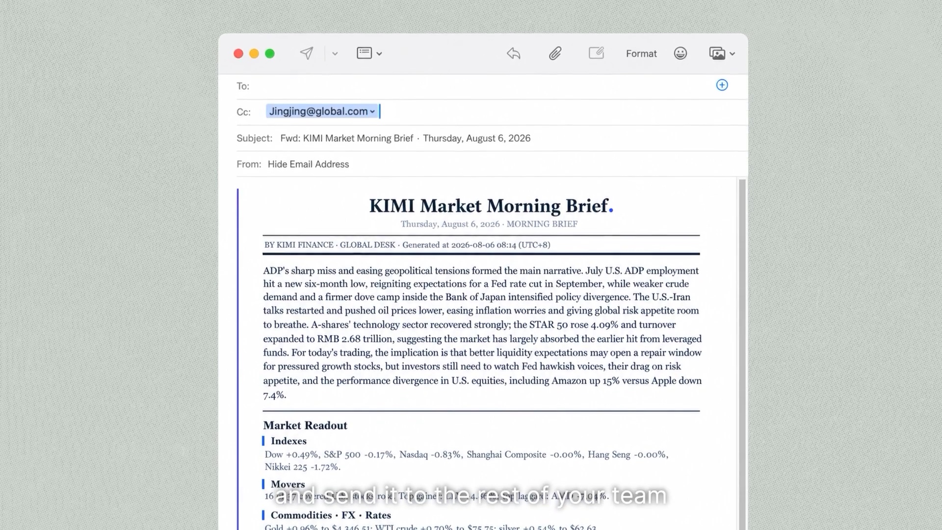 Kimi Work 官方演示中的 Morning Brief 邮件画面